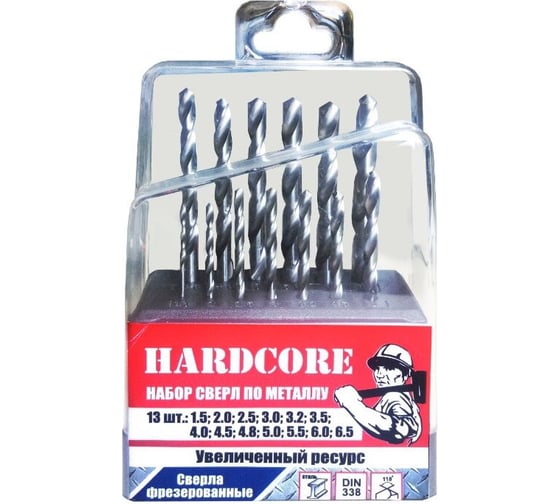Набор сверл по металлу 1,5-6,5*0,5+3,2+4,8мм 13шт.HARDCORE 140000