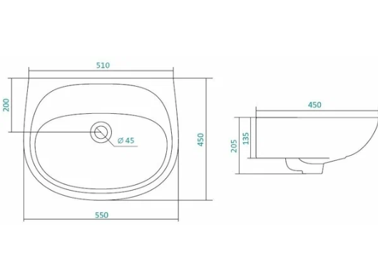 Умывальник 55х42 без отверстия под смес. 