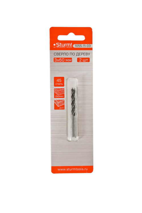 Сверло по дереву спиральное 3х60мм 2шт 1055-11-03  Sturm