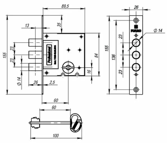 Замок врезной сувальд. MDV10/S-60,00,3R14 4 кл