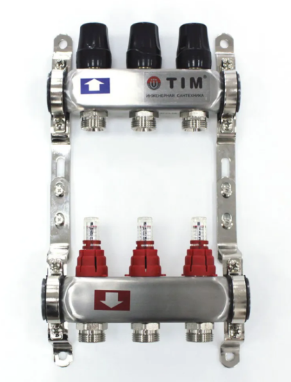 Коллекторная группа TIM KDS5003 НЕРЖ. с расходомерами 1"х3/4 3 выхода БЕЗ кранов и воздухоотв.