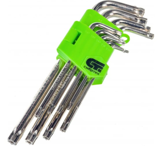 Набор ключей имбусовых Tamper-Torx, 9шт:ТТТ10-Т50, 45х, закаленные удлиненные // Сибртех 12322