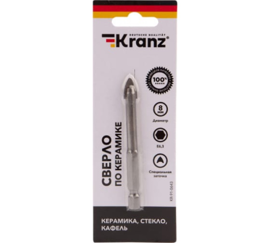 Сверло по стеклу и керамике 8мм 6гр.хвостовик KRANZ KR- 91-0643