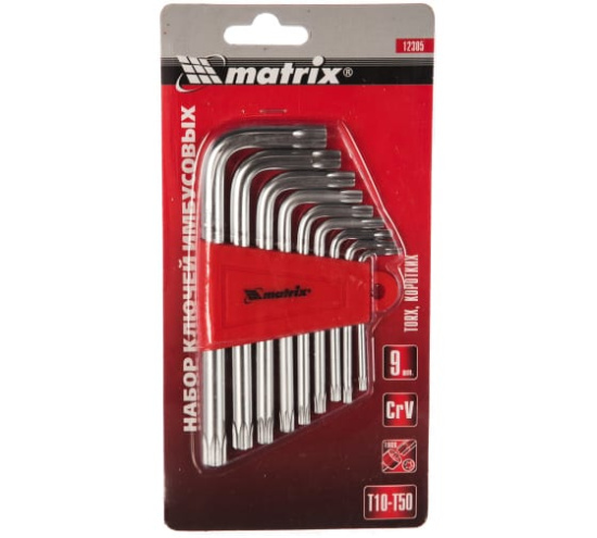 Набор ключей имбусовых TORX, 9шт:Т10-Т50, CrV, короткие, сатин.// MATRIX 12305
