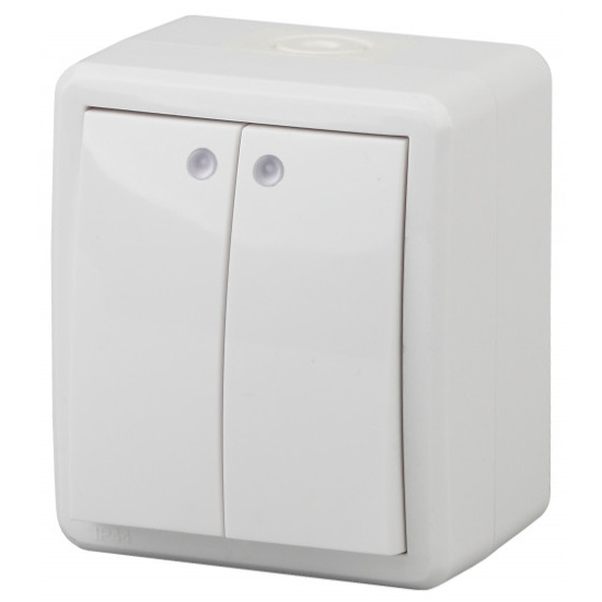Выключатель 2 кл ЭРА IP54, 10AX-250B, белый с подсветкой (11140501)
