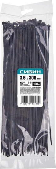 Хомут нейлоновый черный 3,6 х 300 мм (100 шт/упак) СИБИН 3788-36-300