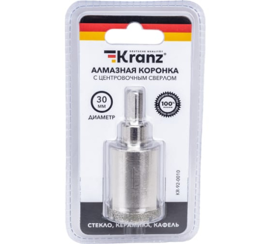 Коронка алмазная по керамограниту d30мм  с центрующ. сверлом KRANZ 92-0010