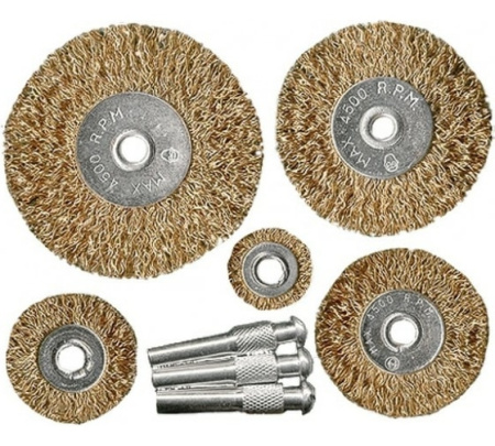 Набор щеток для дрели, 5шт. 5 плоских, 28-38-50-63-75мм, со шпильками, металл.//MATRIX  74494
