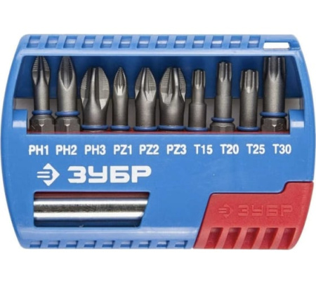 Биты ЗУБР с магнитн.адаптером, PH1,PH2,PH3,PZ1,PZ2,PZ3,TORX 15,20,25,30, 11 предм. НАБОР 26051-H11