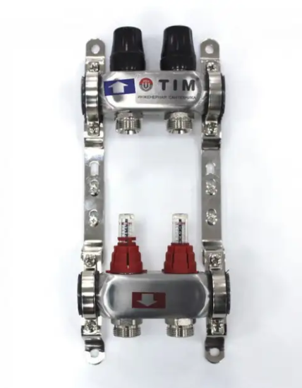 Коллекторная группа TIM KDS5002 НЕРЖ. с расходомерами 1"х3/4 2 выхода БЕЗ кранов и воздухоотв.