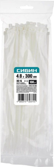 Хомуты-стяжки белые ХС-Б, 4.8 х 300 мм, 100 шт, нейлоновые, СИБИН 3786-48-300