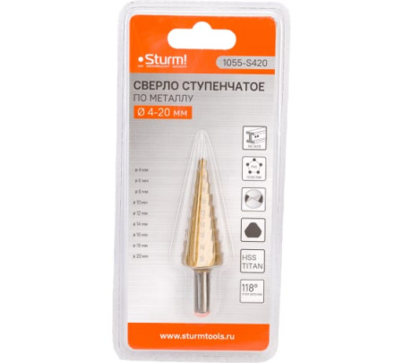 Сверло по металлу Sturm! супенчат. HSS+TIN прямое 4-20мм 1055-S420