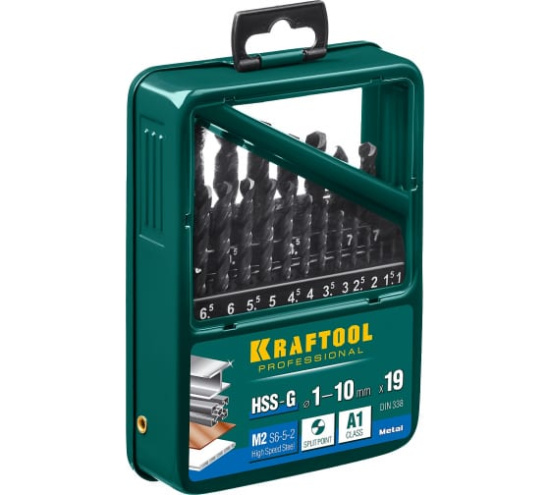 Набор сверл по металлу 1-10мм 19шт KRAFTOOL HSS-G 29651-Н19