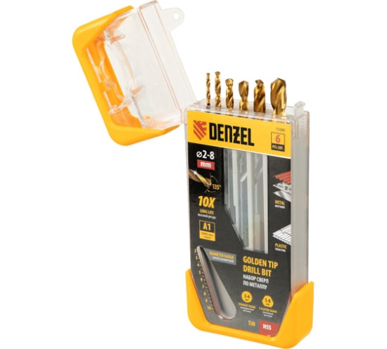 Набор сверл по металлу, 2-3-4-5-6-8 мм, HSS-Tin, Golden Tip, 6 шт// Denzel 72300