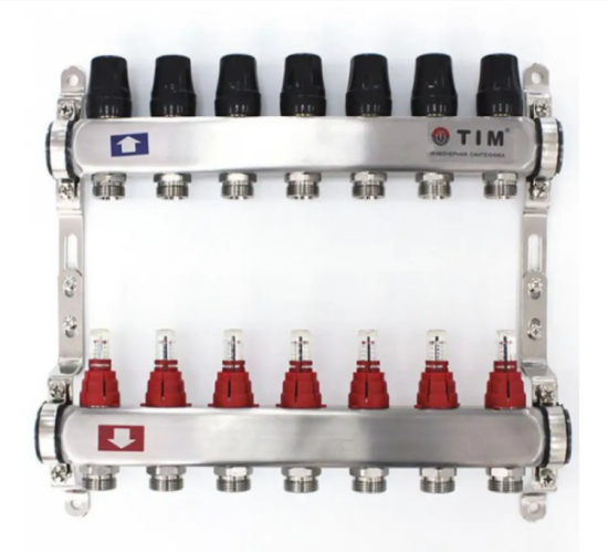 Коллекторная группа TIM KDS5007 НЕРЖ. с расходомерами 1"х3/4 7 выходов БЕЗ кранов и воздухоотв.
