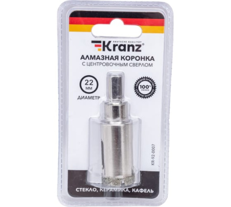 Коронка алмазная по керамограниту d22мм  с центрующ. сверлом KRANZ 92-0007