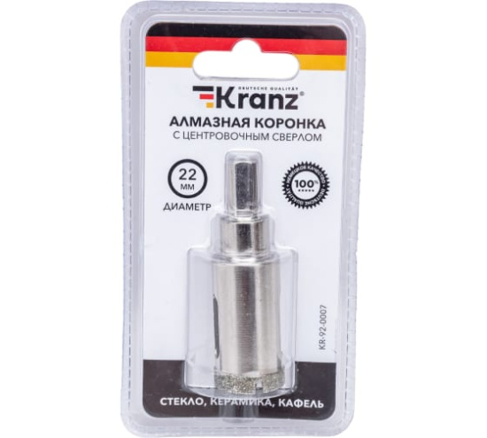Коронка алмазная по керамограниту d22мм  с центрующ. сверлом KRANZ 92-0007
