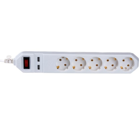 Фильтр сетевой ЭРA USF-5-es-1.5m-USB-W (белый) с зазем.,3 x 0.75мм2 с выкл.,5гн, 2USB, 1,5м (018555)