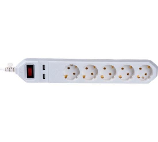 Фильтр сетевой ЭРA USF-5-es-1.5m-USB-W (белый) с зазем.,3 x 0.75мм2 с выкл.,5гн, 2USB, 1,5м (018555)