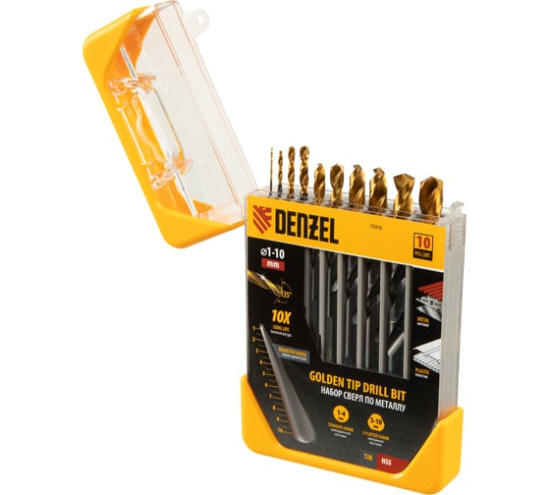 Набор сверл по металлу, 1-10 мм, HSS-Tin, Golden Tip, 10 шт// Denzel 72316
