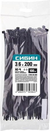 Хомут нейлоновый черный 3,6 х 200 мм (100 шт/упак) СИБИН 3788-36-200