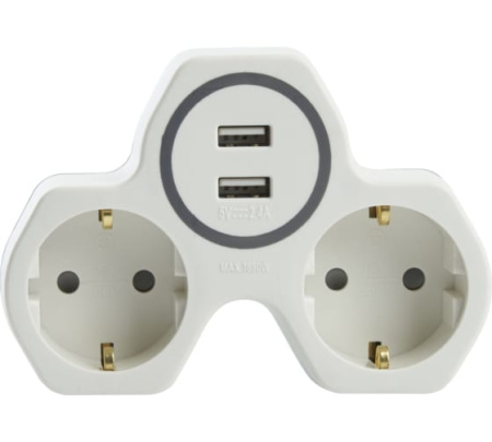 Разветвитель 2 гнезда,с/з + 2 USB вых. га 2,4А 32872
