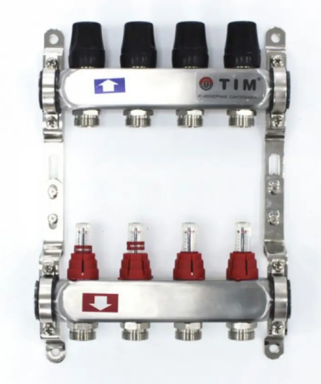 Коллекторная группа TIM KDS5004 НЕРЖ. с расходомерами 1"х3/4 4 выхода БЕЗ кранов и воздухоотв.