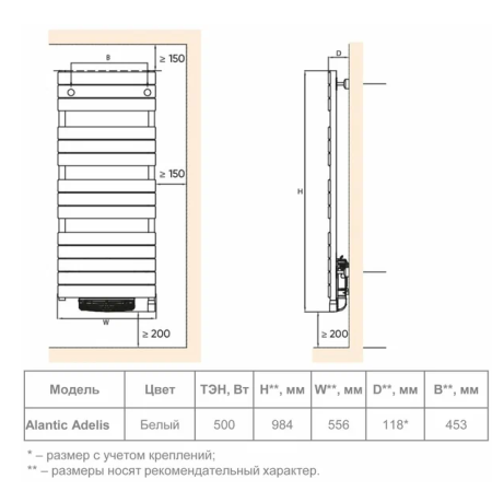 Полотенцесушитель электрический Atlantic ADELIS W 500W плоский белый 984х556х115