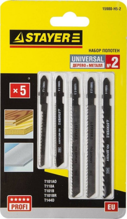 Полотна для э/лобзика дерево/метал 5 шт. Т-хвост STAYER "PROFI" Universal№2 15980-Н5-2