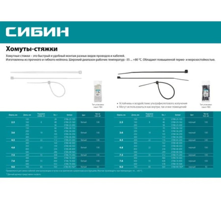 Хомут нейлоновый черный 4,5 х 200 мм (100 шт/упак) СИБИН 3788-45-200