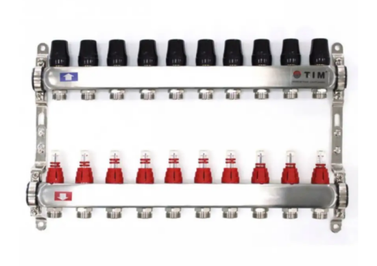 Коллекторная группа TIM KDS5010 НЕРЖ. с расходомерами 1"х3/4 10 выходов БЕЗ кранов и воздухоотв.
