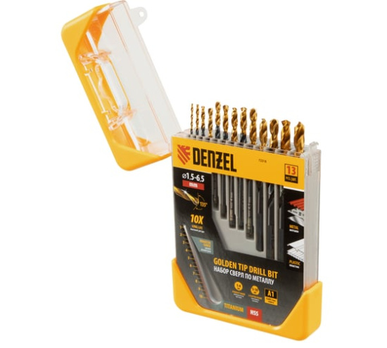 Набор сверл по металлу, 1,5-6,5 мм, HSS-Tin, Golden Tip, 13 шт// Denzel 72318