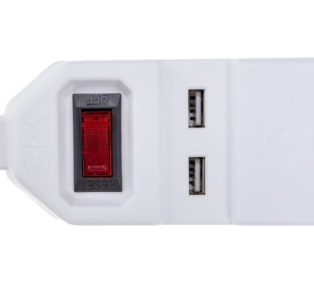 Фильтр сетевой ЭРA USF-5-es-1.5m-USB-W (белый) с зазем.,3 x 0.75мм2 с выкл.,5гн, 2USB, 1,5м (018555)