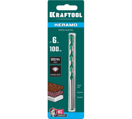 Сверло по керамограниту, 6х100мм KRAFTOOL 29175-100-6